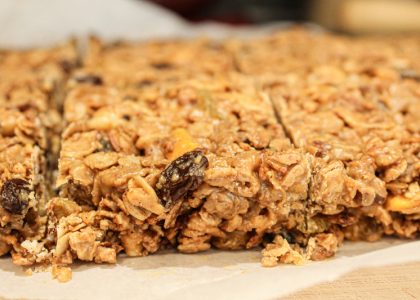 Sliced sheet of homemade chewy granola bars