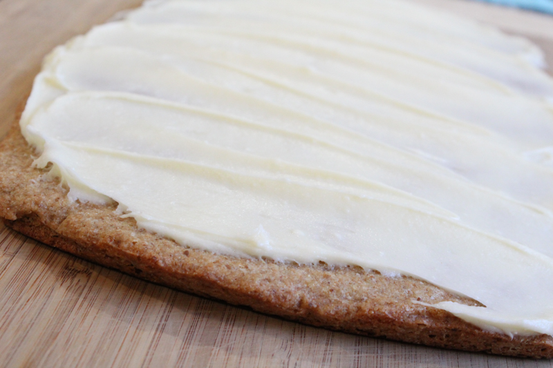 Baked eggless sourdough fruit pizza crust with dairy free cream cheese "sauce"