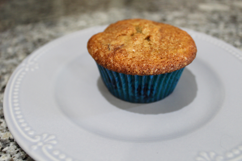 blueberry muffin sitting on a pale blue plate on the counter