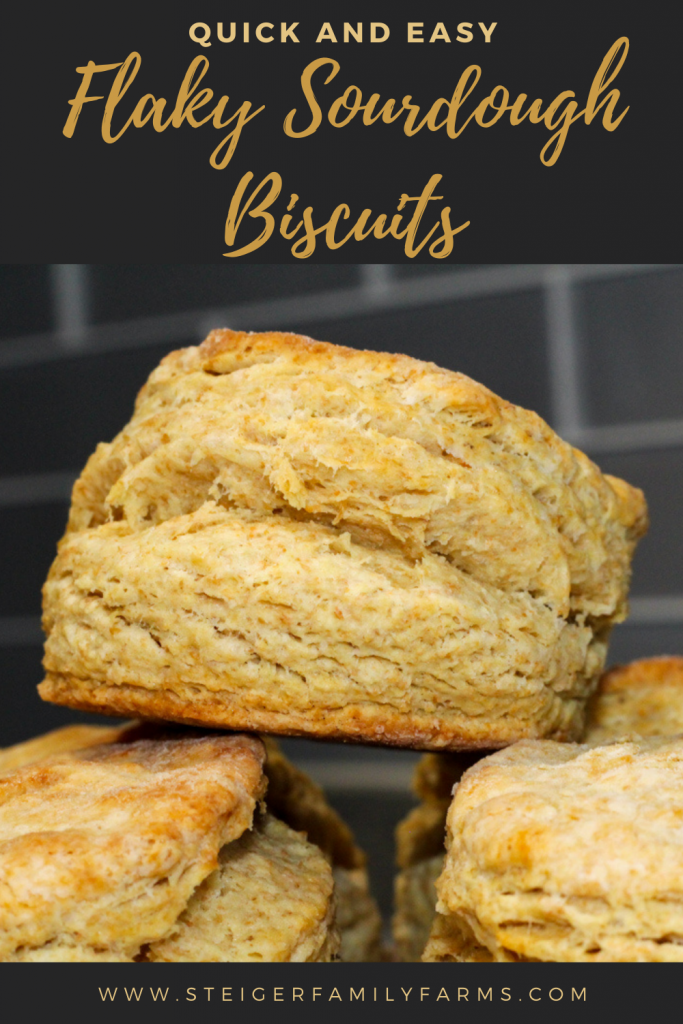Pyramid of sourdough biscuits on a cutting board with a gray subway tile in the background. There is a dark gray box on the top and bottom with text.