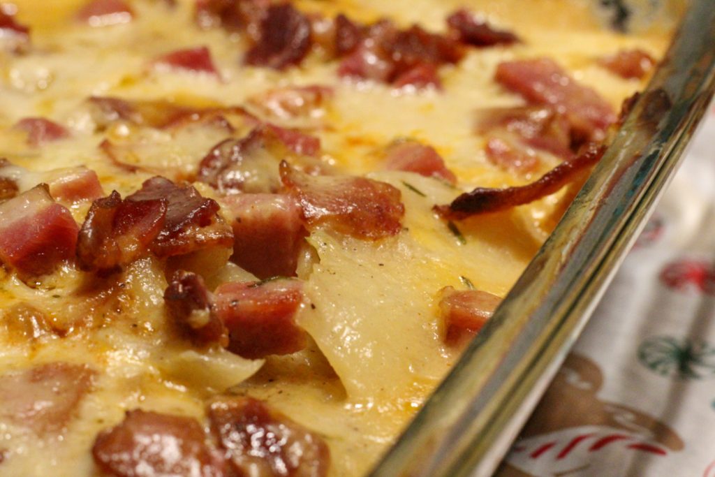 homemade scalloped potatoes in a glass baking dish